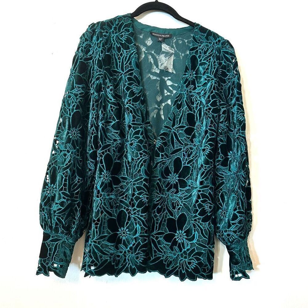 NWT Boston Proper Velvet Floral Lace Hip Length Duster Emerald Jacket Small